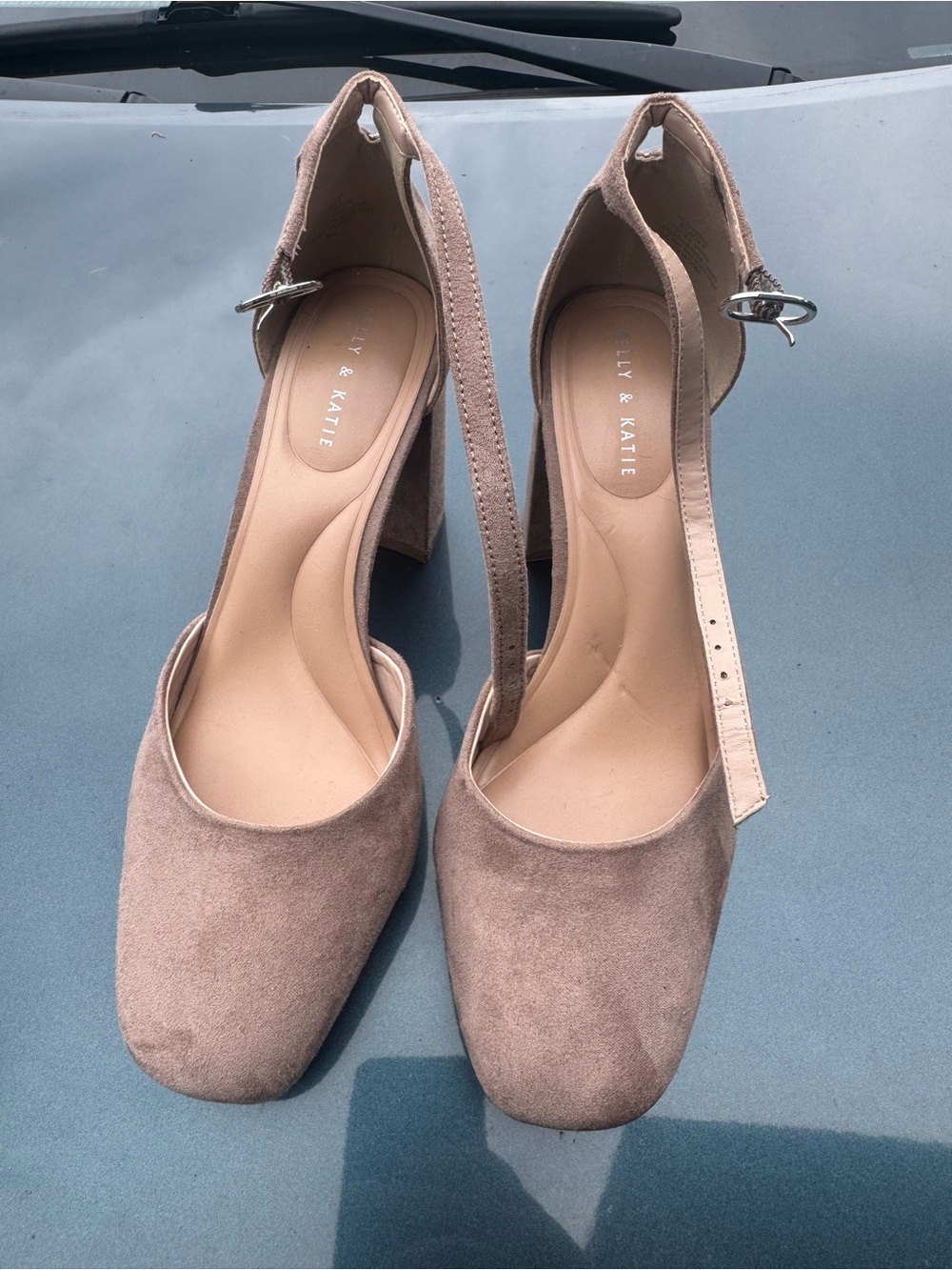 Kelly & Katie Dusty Taupe Suede Block Heel Ankle Strap Pumps